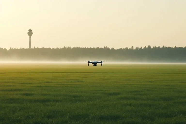 Mały dron w zawisie nisko nad zamgloną łąką o poranku, za nim pas lasu i wysoka wieża na horyzoncie